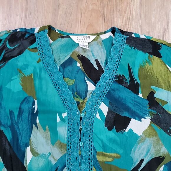 🔹️Allison Taylor Teal Embroidered Lace Button Front 3/4 Sleeve Top Size 3X - Picture 3 of 8